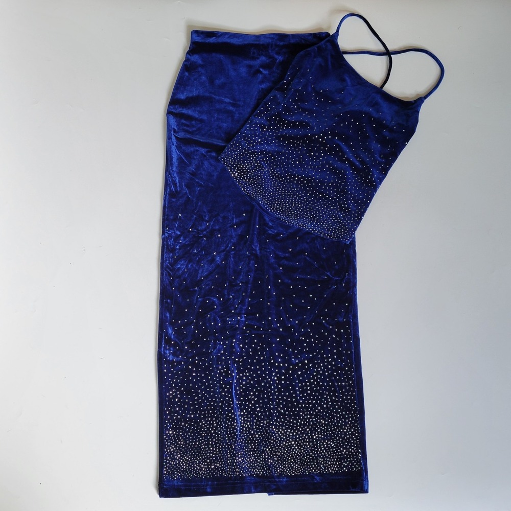 Vintage Eye Candy Velvet Midi Skirt Strappy Back Cami Small Royal Blue Glitter‎